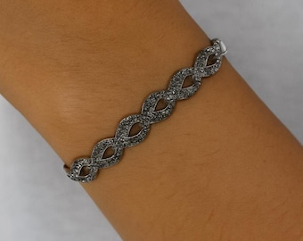 Vintage Art Deco Marcasite Link Bracelet, 925 Sterling Silver