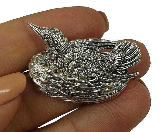 Antique Style Bird in Nest Brooch 925 Sterling Silver