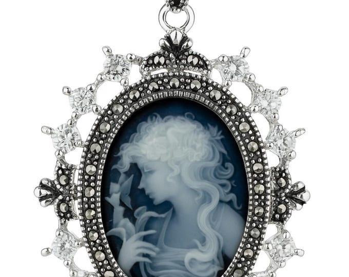 Vintage Style Silver Plated Cameo Pendant Necklace Oval Lady Profile with Marcasite and CZ Accents Victorian Inspired Statement Jewelry