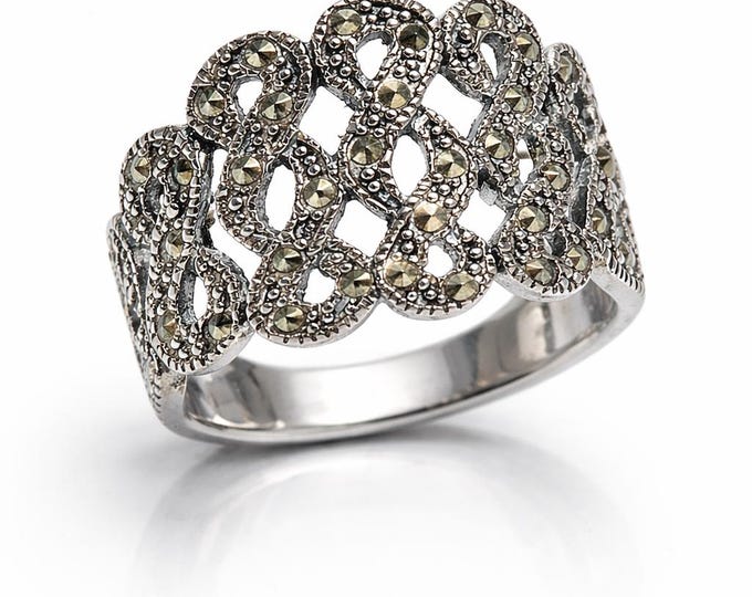 Vintage Style Sterling Silver Ring with Marcasite Accents Art Deco Statement Jewelry