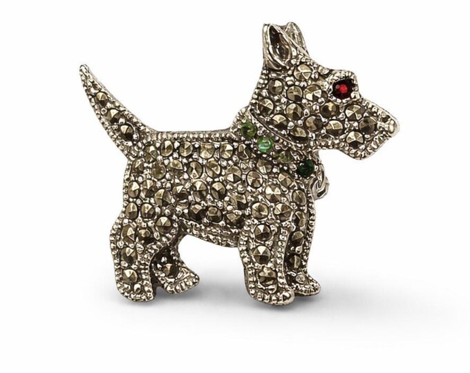 Scottie Dog Brooch, Ruby Emerald Marcasite, 925 Sterling Silver