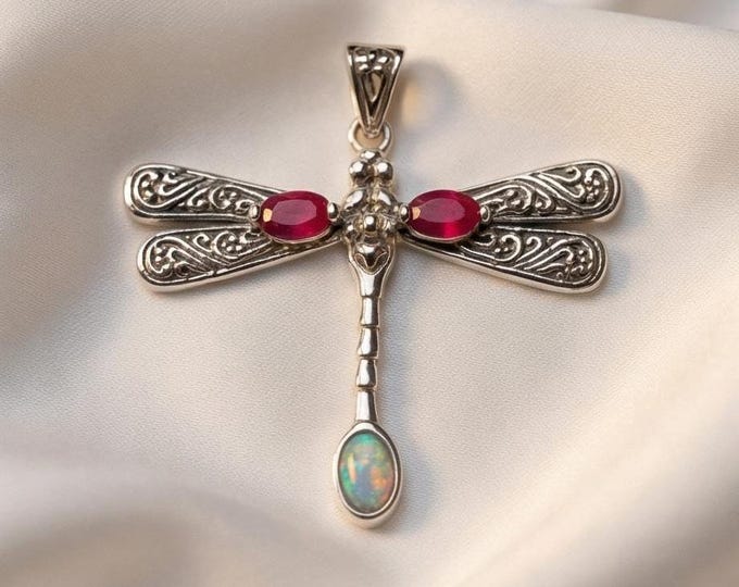 Victorian Style Dragonfly Pendant with Gilson Opal and Ruby/Emerald Stone 925 Sterling Silver