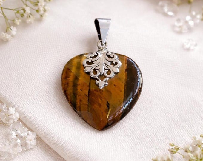 Heart Tiger's Eye Pendant, 925 Sterling Silver Necklace, Gemstone Jewelry