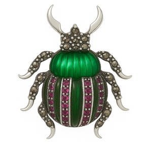 May include: A detailed brooch in the shape of a beetle. The beetle features a vibrant green enamel shell, accented with pink gemstones and silver-toned legs and antennae. The design is intricate and eye-catching, suitable for adding a touch of elegance.