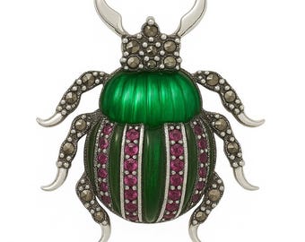 Vintage Sterling Silver Green Enamel Beetle Brooch, Ruby Marcasite Accent
