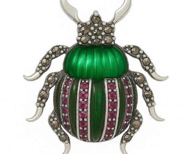 Sterling Silver Green Enamel Beetle Brooch Pendant with Ruby and Marcasite Accents Vintage Insect Jewelry