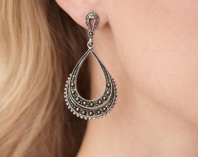 Vintage Sterling Silver Earrings with Marcasite Art Deco Dangle Drop Earrings, Elegant Gift for Her