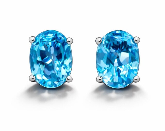 Natural Blue Topaz Stud Earrings in 925 Sterling Silver Oval Cut Gemstone Studs, December Birthstone Gift