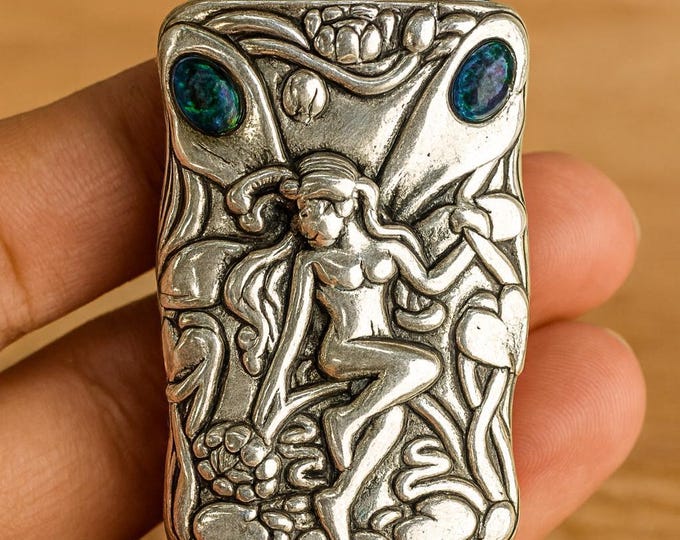 Antique Style Fairy Pin Cushion in 925 Sterling Silver with Blue Gilson Opals Art Nouveau Design, Collectible Sewing Gift