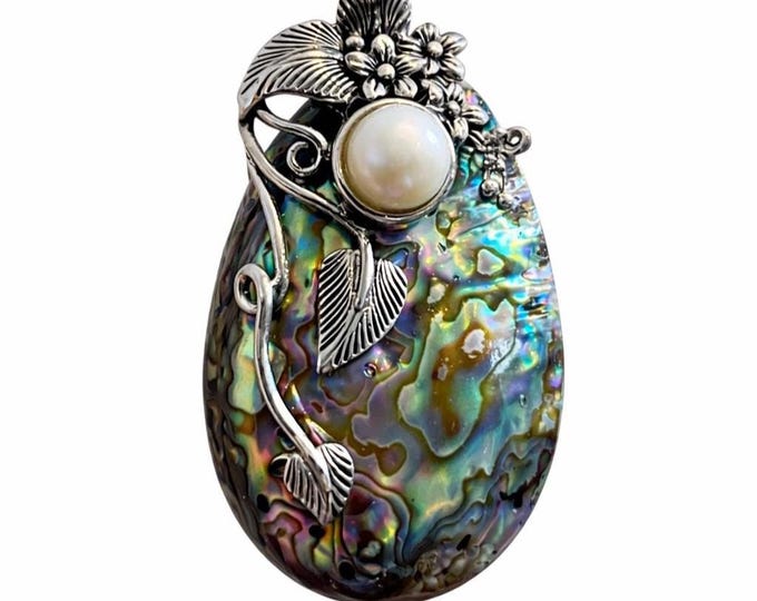 Art Nouveau Inspired Abalone Floral Leaf Freshwater Pearl Pendant 925 Sterling Silver
