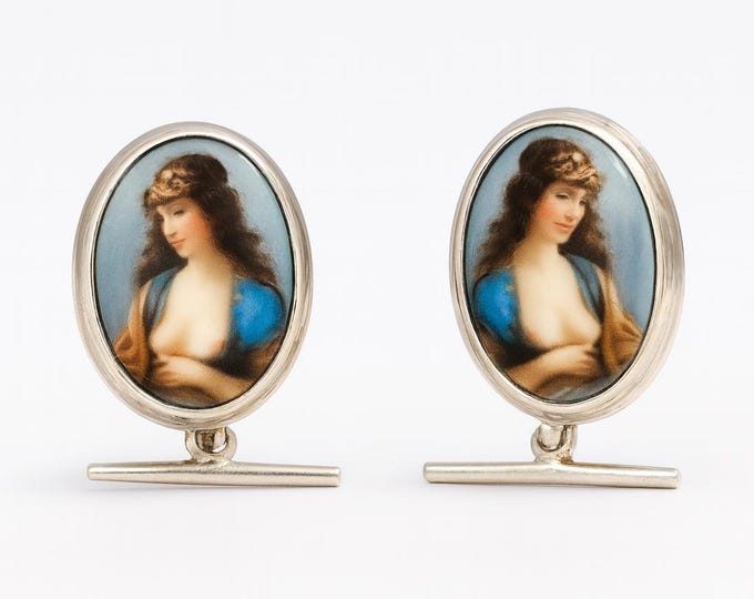 Antique Erotic Enamel Cufflinks 925 Sterling Silver Oval Hand Painted Nude Portrait, Collectible Gentleman’s Jewelry