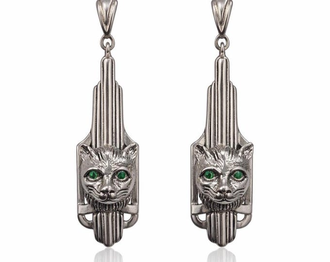 Art Deco Cat Earrings 925 Sterling Silver Drop Earrings with Emerald Eyes