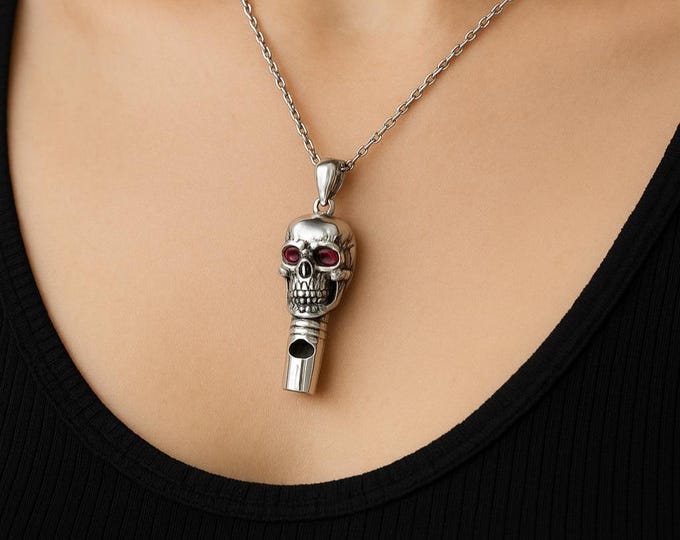 Antique Style Ruby Skull Whistle Pendant 925 Sterling Silver