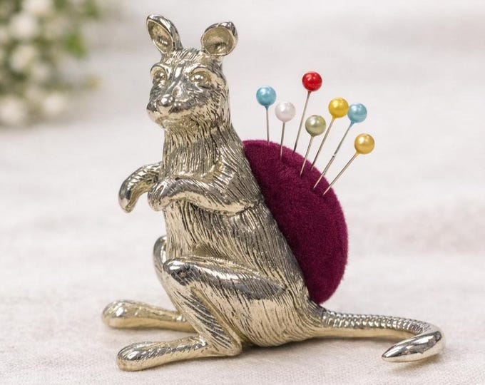 Vintage Style Silver Plated Kangaroo Pin Cushion with Velvet Sewing Accessory, Dressmaker Gift