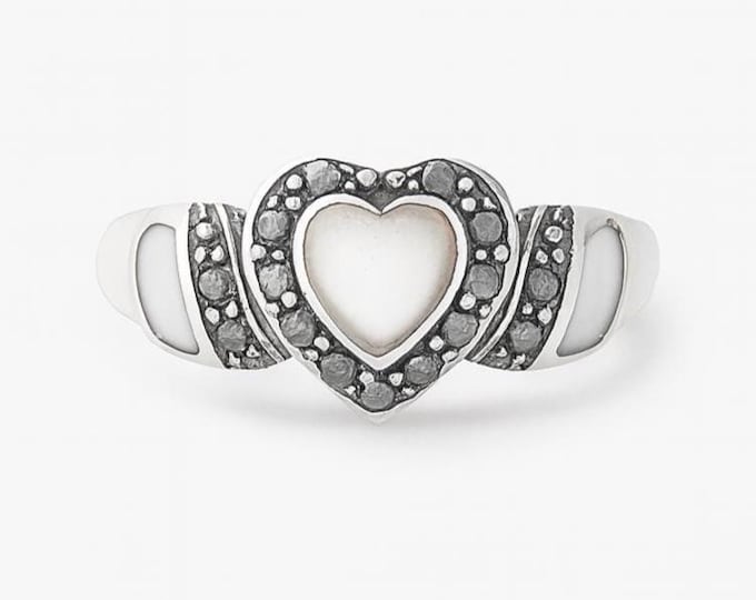 925 Sterling Silver Heart Ring with Mother of Pearl and Marcasite Vintage Style Promise Ring, Antique Statement Jewelry