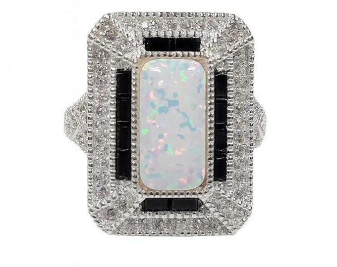 Gilson Opal and CZ Diamond Ring 925 Sterling Silver