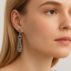 Art Deco Marcasite Drop Earrings 925 Sterling Silver Vintage Style Dangle Earrings Antique Inspired Statement Jewelry Gif