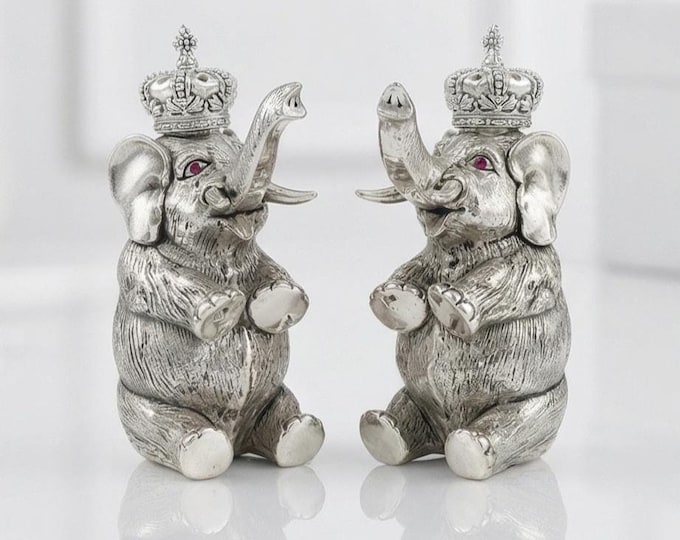 Vintage Style Royal Elephant Salt and Pepper Shakers, 925 Sterling Silver Plated