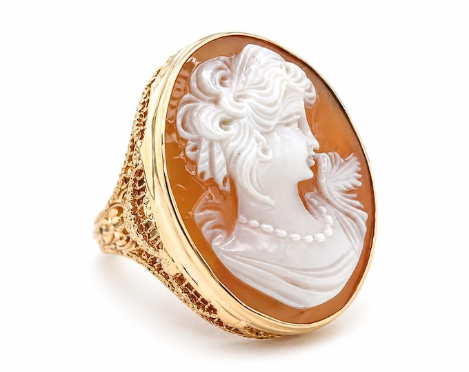 14K Yellow Gold 1920's Filigree Cameo Statement Ring