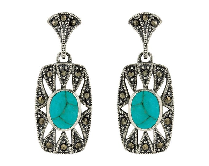 Art Deco Inspired Turquoise, Lapis, Coral and Marcasite 925 Sterling Silver Earrings Gift for Her