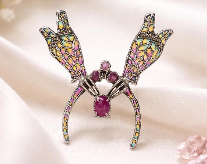 Vintage Style Dragonfly Brooch, Plique à Jour Enamel Wings, Marcasite & Ruby Stone 925 Sterling Silver Jewelry