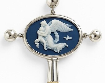 Vintage Baby Rattle with Guardian Angel Cameo Silver and Cream Floral Handle Keepsake Gift Christening or Baby Shower Gift