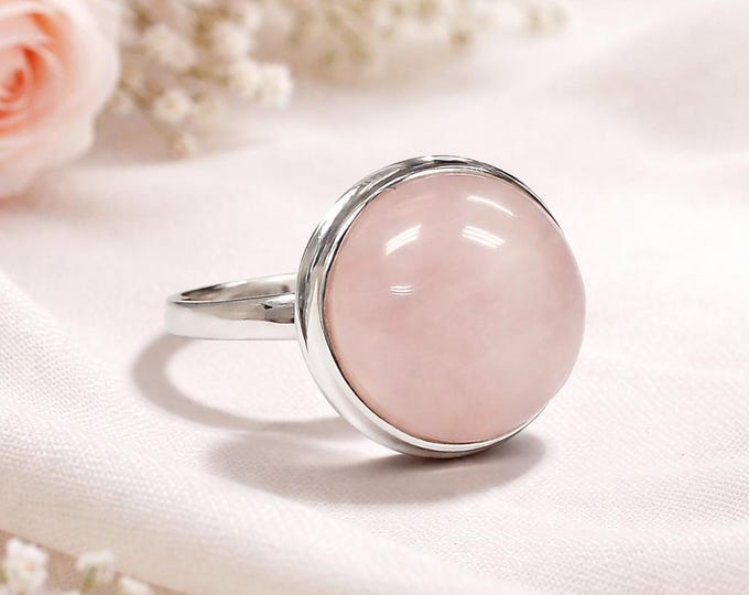 Round Rose Quartz Ring 925 Sterling Silver