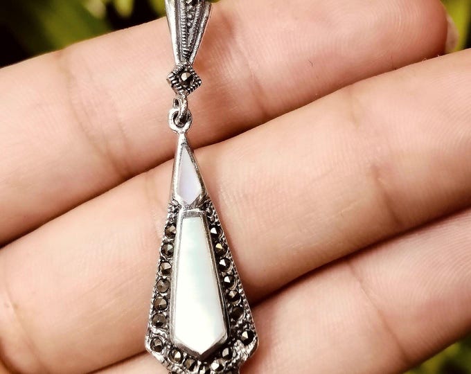 Art Deco Inspired Mother of Pearl and Marcasite Pendant 925 Sterling Silver