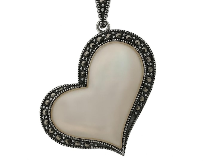 Large Heart Mother of Pearl Pendant with Marcasite Border, Sterling Silver Statement Necklace, Vintage Inspired Heart Jewelry Gift for Her