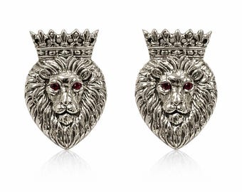 Royal Lion Cuff Links, Ruby Eyes, 925 Sterling Silver, Mens Gift