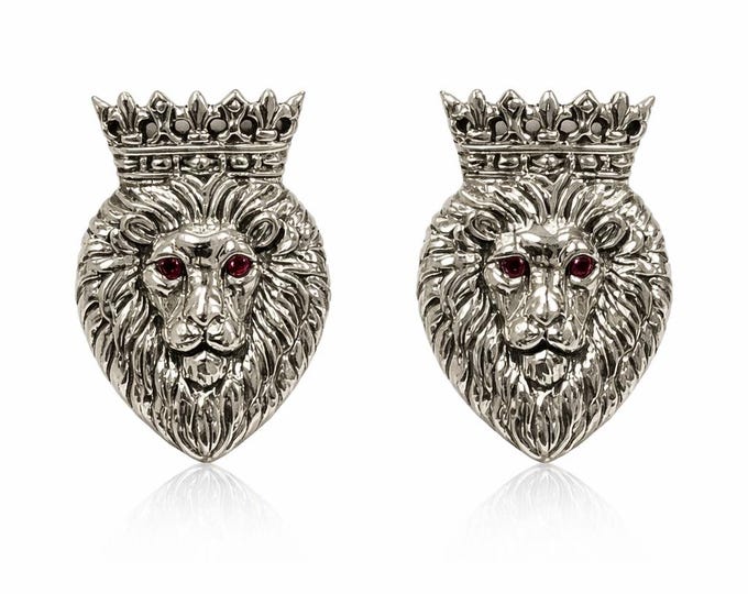 Royal Lion Cuff Links, Ruby Eyes, 925 Sterling Silver, Mens Gift
