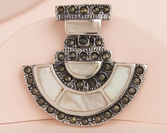 Art Deco Inspired Mother of Pearl and Marcasite Pendant 925 Sterling Silver