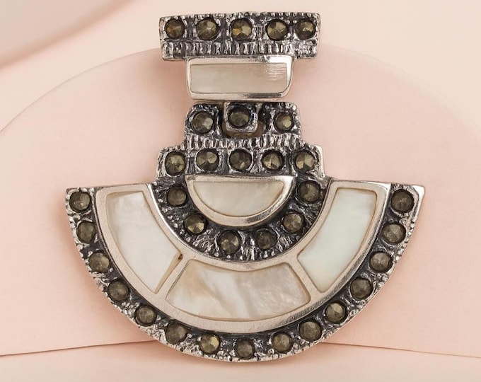 Art Deco Inspired Mother of Pearl and Marcasite Pendant 925 Sterling Silver