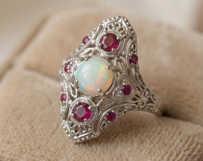 Art Deco Inspired Ruby, Emerald and White Gilson Opal Ring 925 Sterling Silver Hallmarked