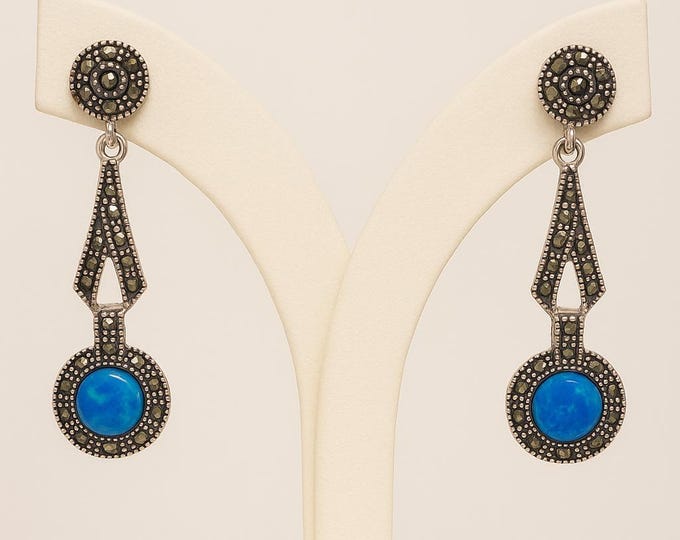 Art Deco Inspired Blue Gilson Opal and Marcasite 925 Sterling Silver Earrings