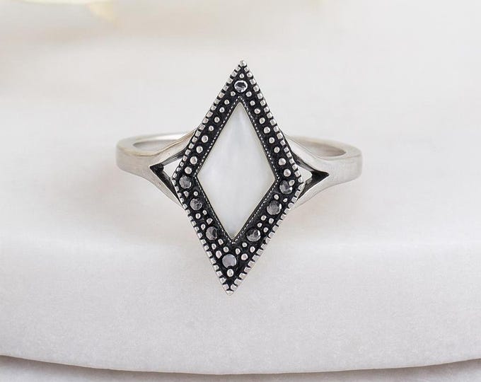 Vintage Style Sterling Silver Filigree Ring with Mother of Pearl and Marcasite Accents Art Deco Statement Jewelry