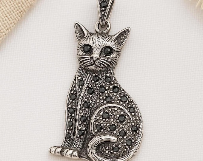 Antique Inspired Cat Pendant in Sterling Silver Detailed Marcasite Design, Unique Gift for Her