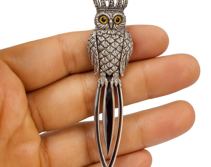 Antique Style Royal Owl Glass Eye Bookmark 925 Sterling Silver Book Lover Gift Graduation Gift Animal Lover Gift