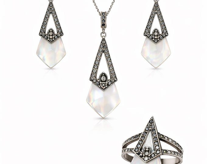 925 Sterling Silver Marcasite Jewelry Set, Art Deco Pendant Earrings and Ring Set