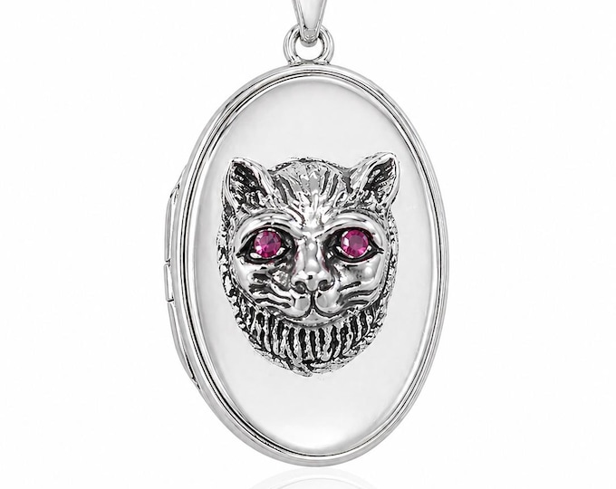 925 Silver Plate Ruby Cat Locket Pendant, Engraved Cat Necklace