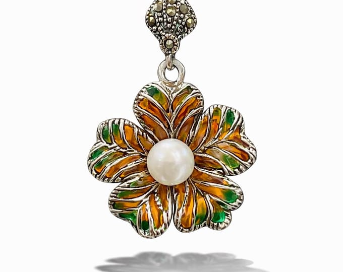 Plique à Jour Flower Pendant Necklace 925 Sterling Silver Marcasite and Pearl, Art Nouveau Enamel Floral Pendant, Vintage Style Jewellery