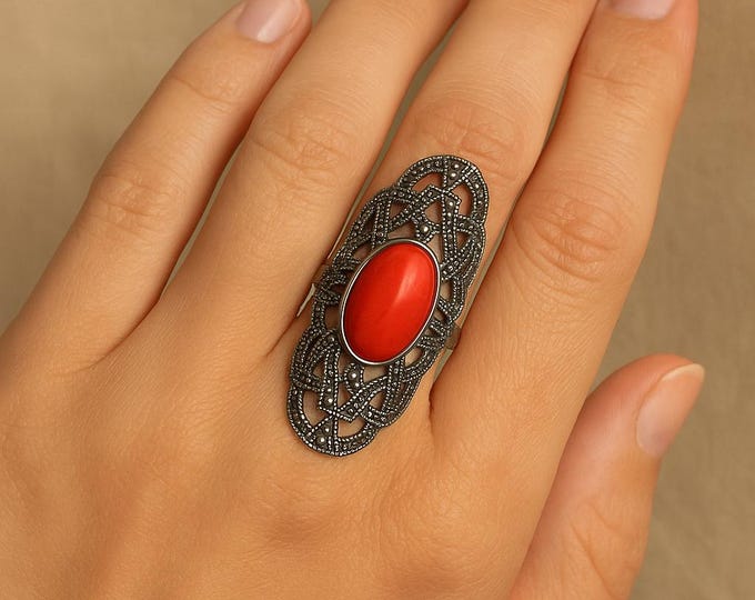Vintage Style Sterling Silver Filigree Ring with Coral Oval and Marcasite Accents Art Deco Statement Jewelry