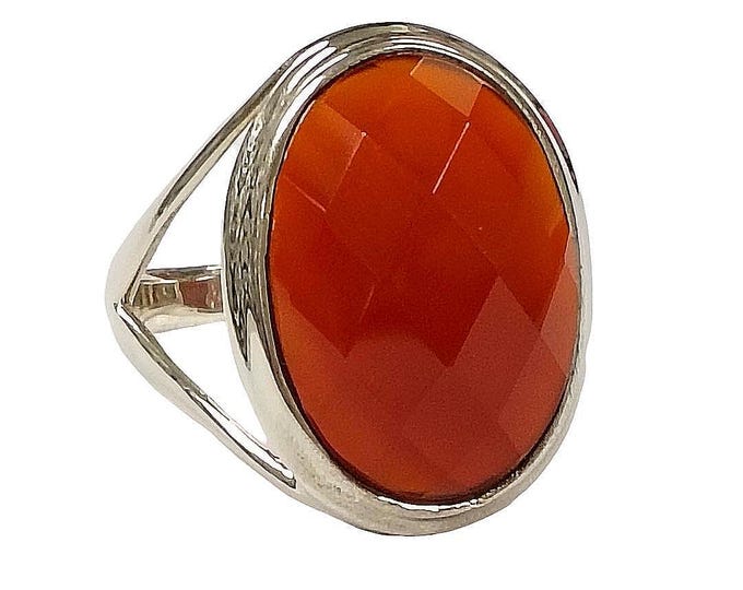 Faceted Red Agate Statement Ring 925 Sterling Silver Hallmarked