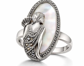 Vintage Inspired Art Deco Lady Ring 925 Sterling Silver Mother of Pearl Oval Ring