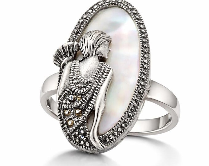 Vintage Inspired Art Deco Lady Ring 925 Sterling Silver Mother of Pearl Oval Ring