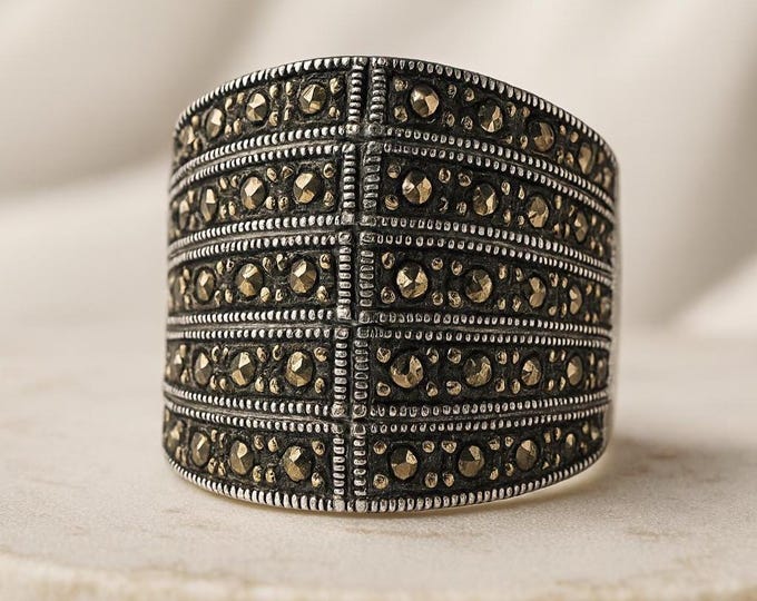 Vintage Style Sterling Silver Ring with Marcasite Accents Art Deco Statement Jewelry
