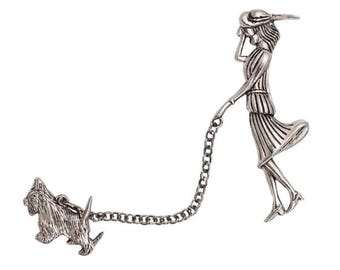 Vintage Style Sterling Silver Brooch Lady Walking Dog with Chain Leash, Retro Art Deco Jewelry Pin