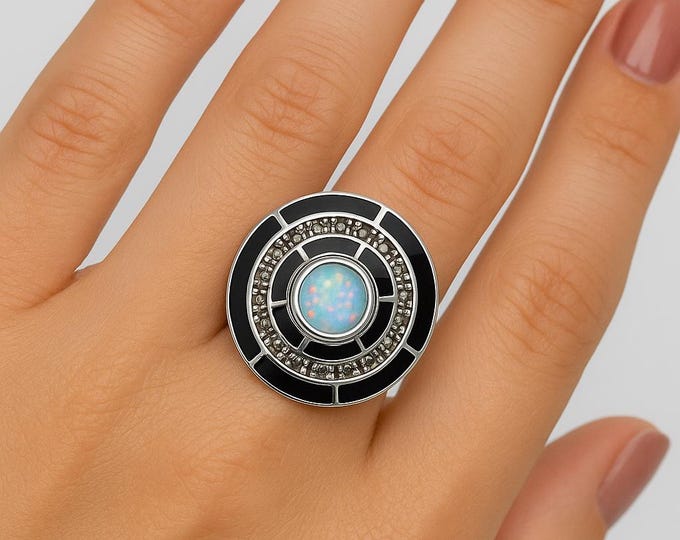 925 Sterling Silver Opal Ring with Marcasite and Onyx Antique Inspired Statement Jewelry Unique Gift for Women Art Deco Glam