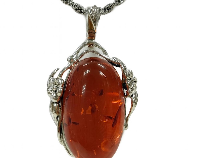 Antique Inspired Floral Honey Amber Pendant 925 Sterling Silver