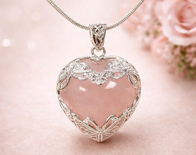 Art Nouveau Inspired Reversible Butterfly Rose Quartz Heart Pendant 925 Sterling Silver